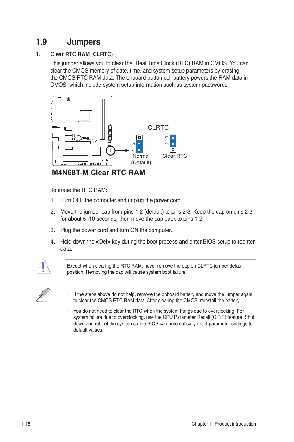 9 jumpers, Jumpers -18, M4n68t-m clear rtc ram | Asus M4N68T-M User Manual | Page 28 / 62