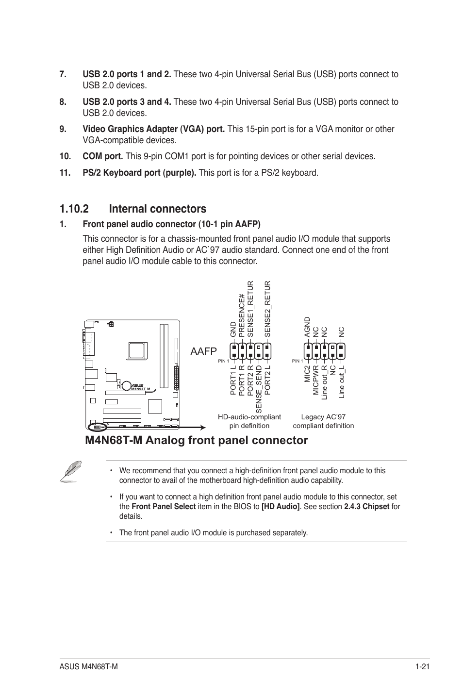 2 internal connectors, 2 internal connectors -21, M4n68t-m analog front panel connector | Aafp | Asus M4N68T-M User Manual | Page 31 / 62