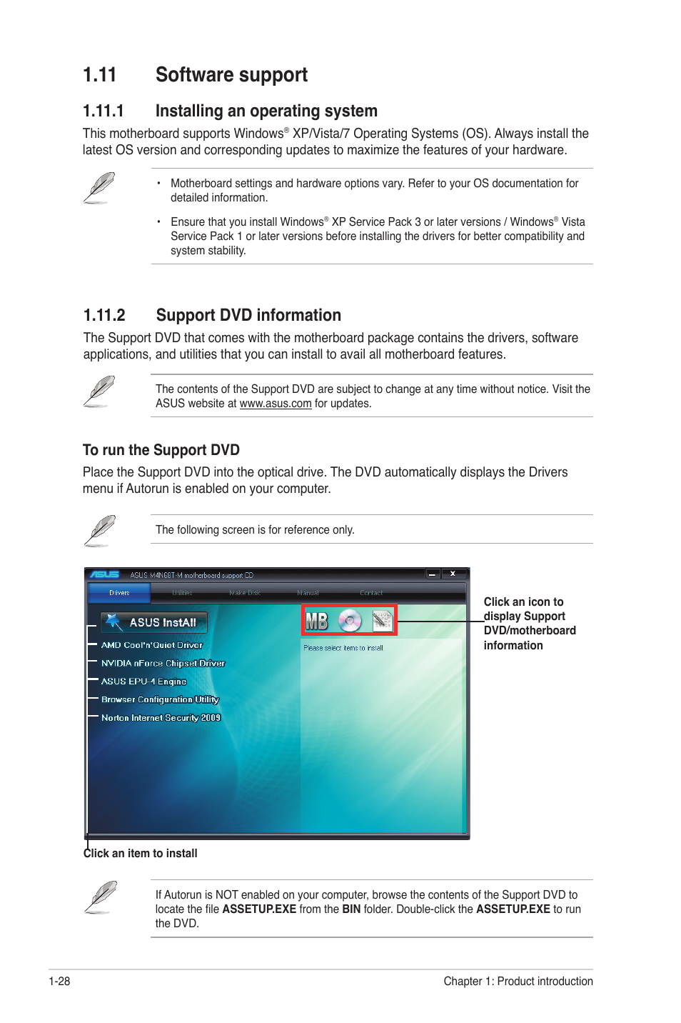 11 software support, 1 installing an operating system, 2 support dvd information | 11 software support -28 | Asus M4N68T-M User Manual | Page 38 / 62