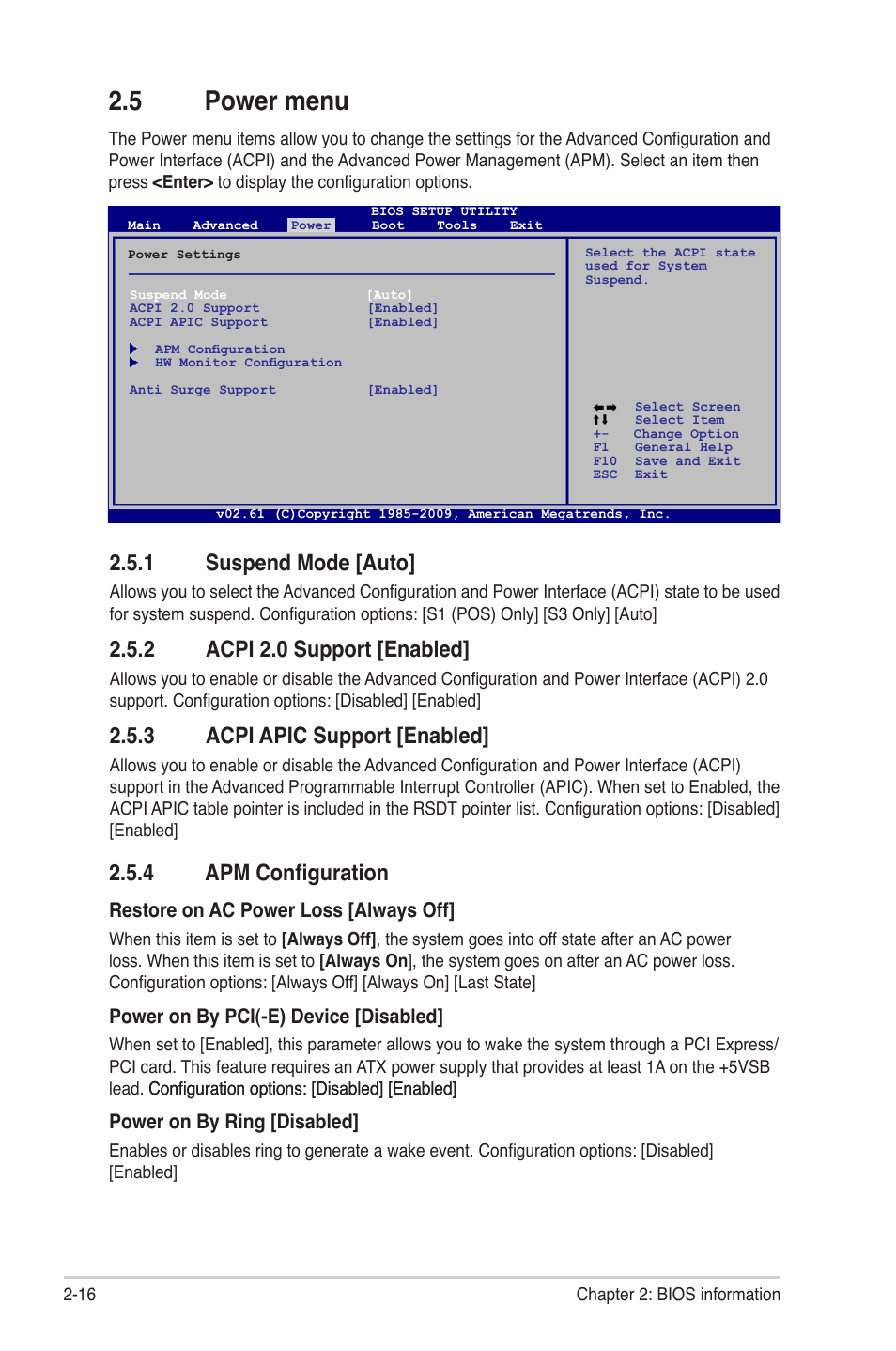 5 power menu, 1 suspend mode, 2 acpi 2.0 support | 3 acpi apic support, 4 apm configuration, Power menu -16 2.5.1, Suspend mode -16, Acpi 2.0 support -16, Acpi apic support -16, Apm configuration -16 | Asus M4N68T-M User Manual | Page 54 / 62