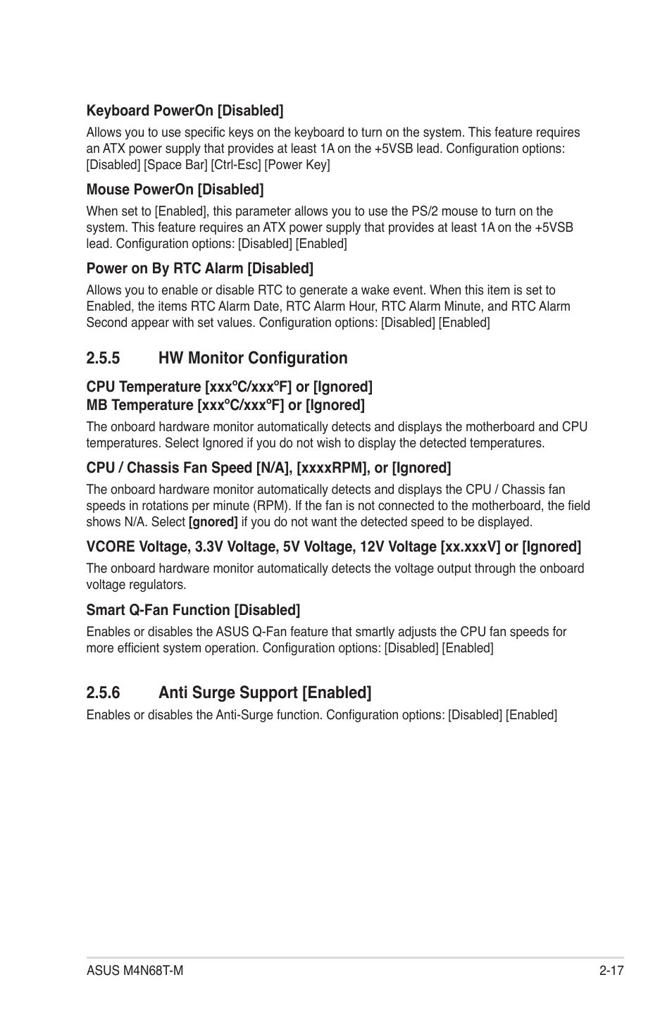 5 hw monitor configuration, 6 anti surge support [enabled, Hw monitor configuration -17 | Anti surge support -17 | Asus M4N68T-M User Manual | Page 55 / 62