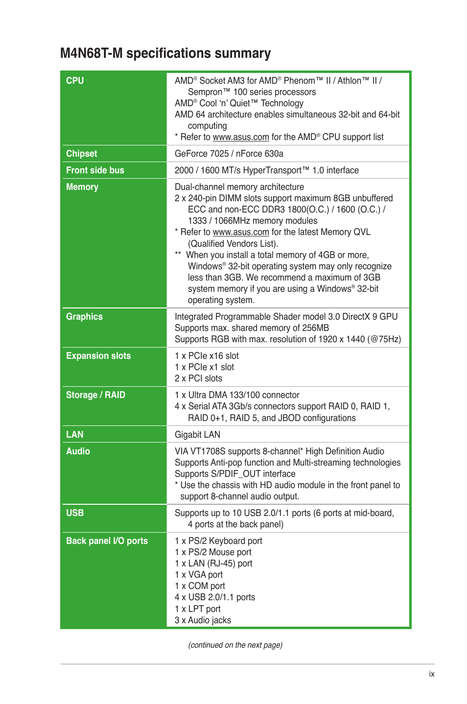 M4n68t-m specifications summary | Asus M4N68T-M User Manual | Page 9 / 62