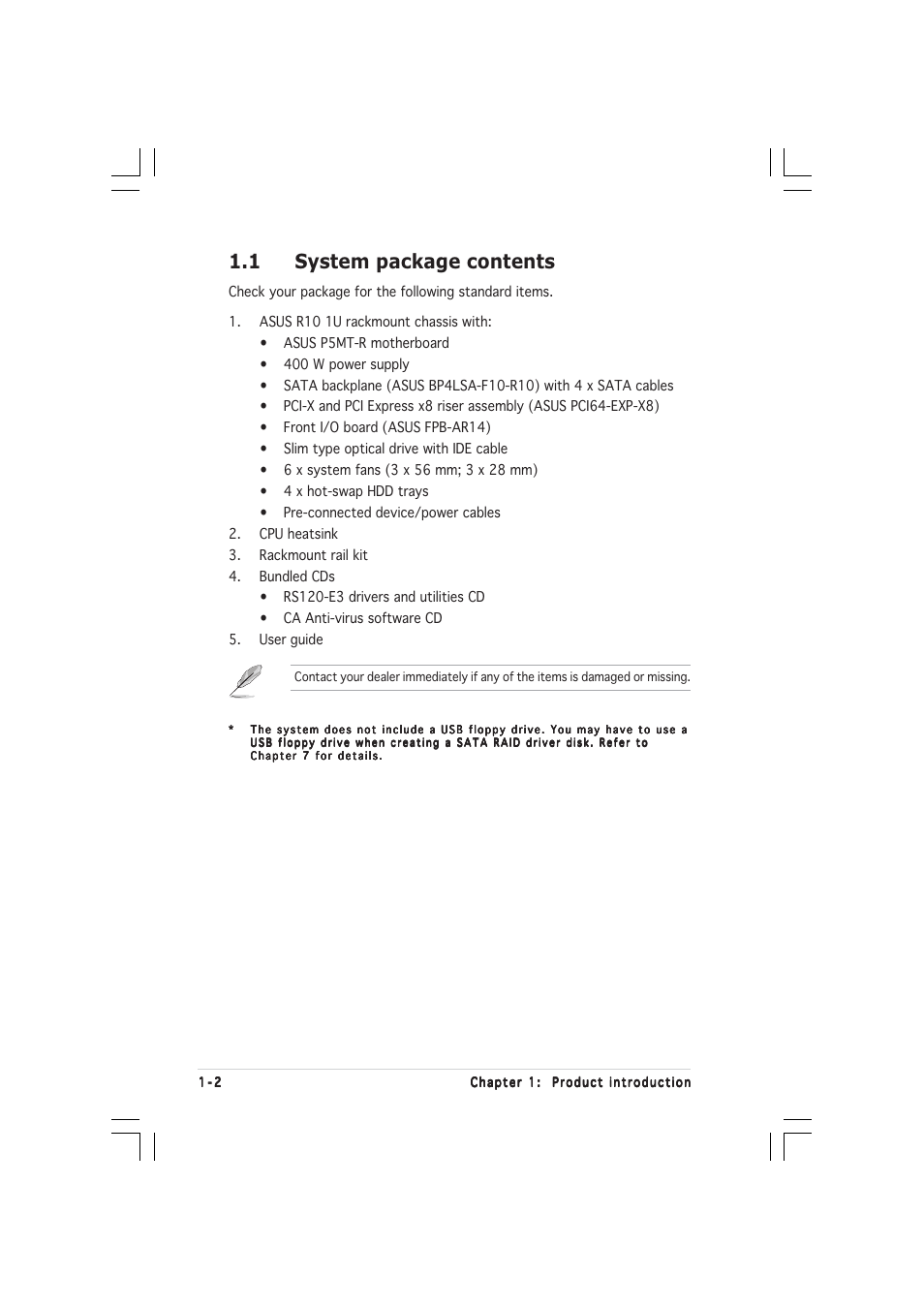 1 system package contents | Asus 1U Rackmount Barebone Server RS120-E3 (PA4) User Manual | Page 12 / 172