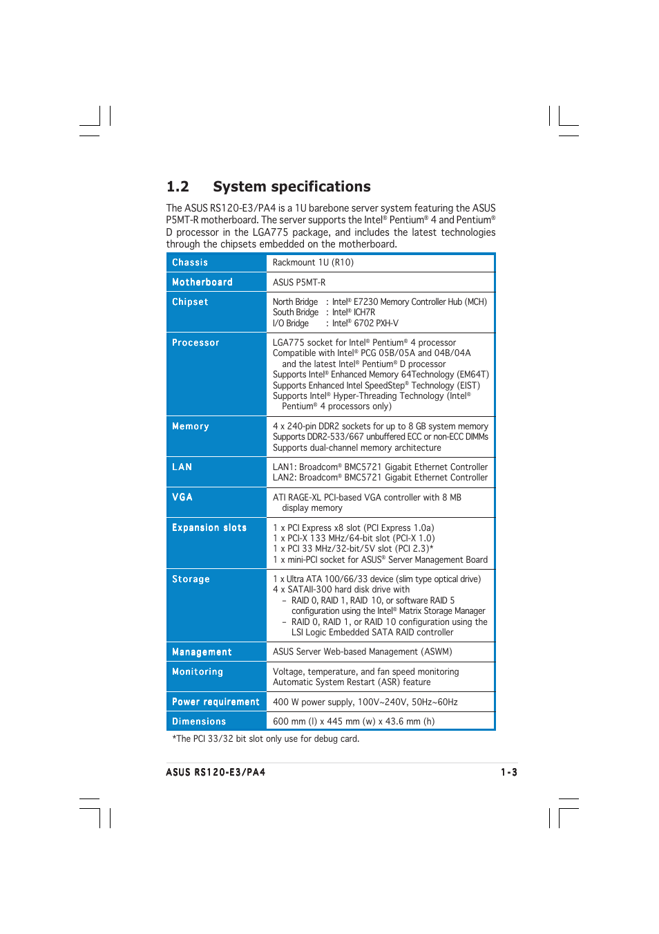 2 system specifications | Asus 1U Rackmount Barebone Server RS120-E3 (PA4) User Manual | Page 13 / 172