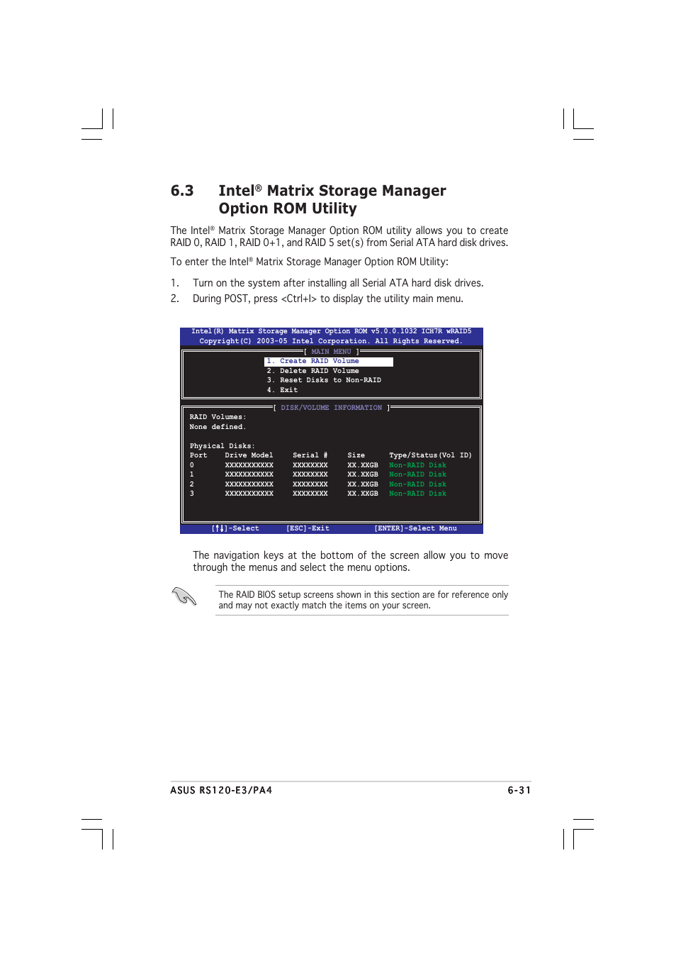 3 intel, Matrix storage manager option rom utility | Asus 1U Rackmount Barebone Server RS120-E3 (PA4) User Manual | Page 137 / 172