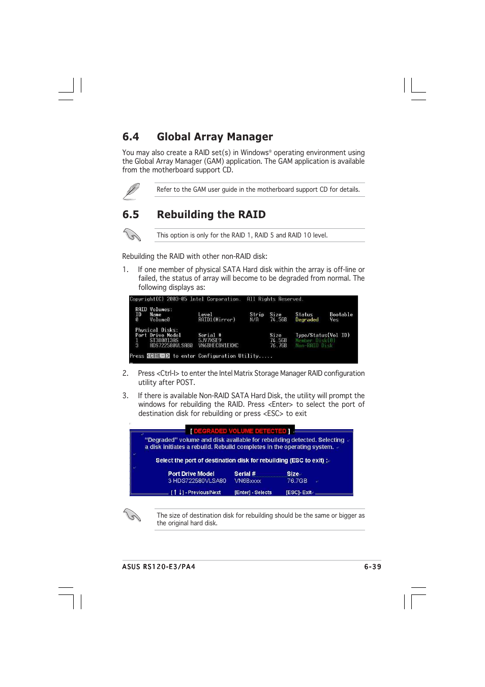 4 global array manager, 5 rebuilding the raid | Asus 1U Rackmount Barebone Server RS120-E3 (PA4) User Manual | Page 145 / 172