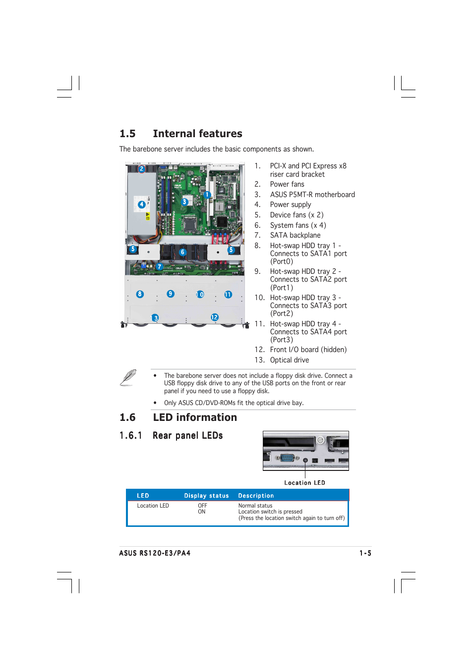 5 internal features, 6 led information | Asus 1U Rackmount Barebone Server RS120-E3 (PA4) User Manual | Page 15 / 172