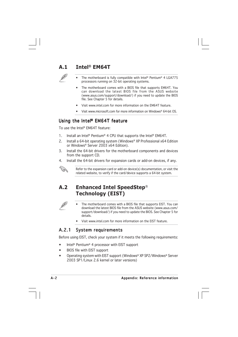 A.1 intel, Em64t, A.2 enhanced intel speedstep | Technology (eist), Using the intel, Em64t feature, A.2.1 | Asus 1U Rackmount Barebone Server RS120-E3 (PA4) User Manual | Page 168 / 172