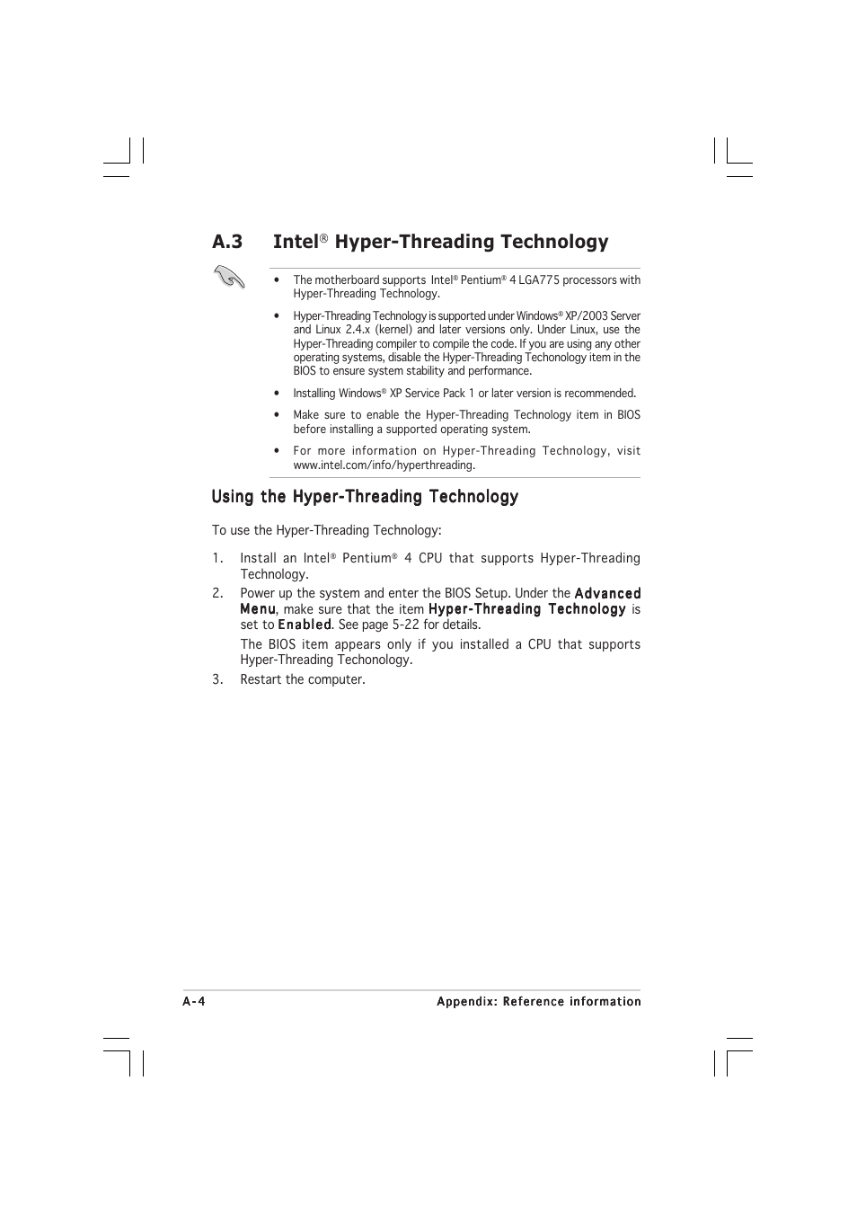 A.3 intel, Hyper-threading technology, Using the hyper-threading technology | Asus 1U Rackmount Barebone Server RS120-E3 (PA4) User Manual | Page 170 / 172