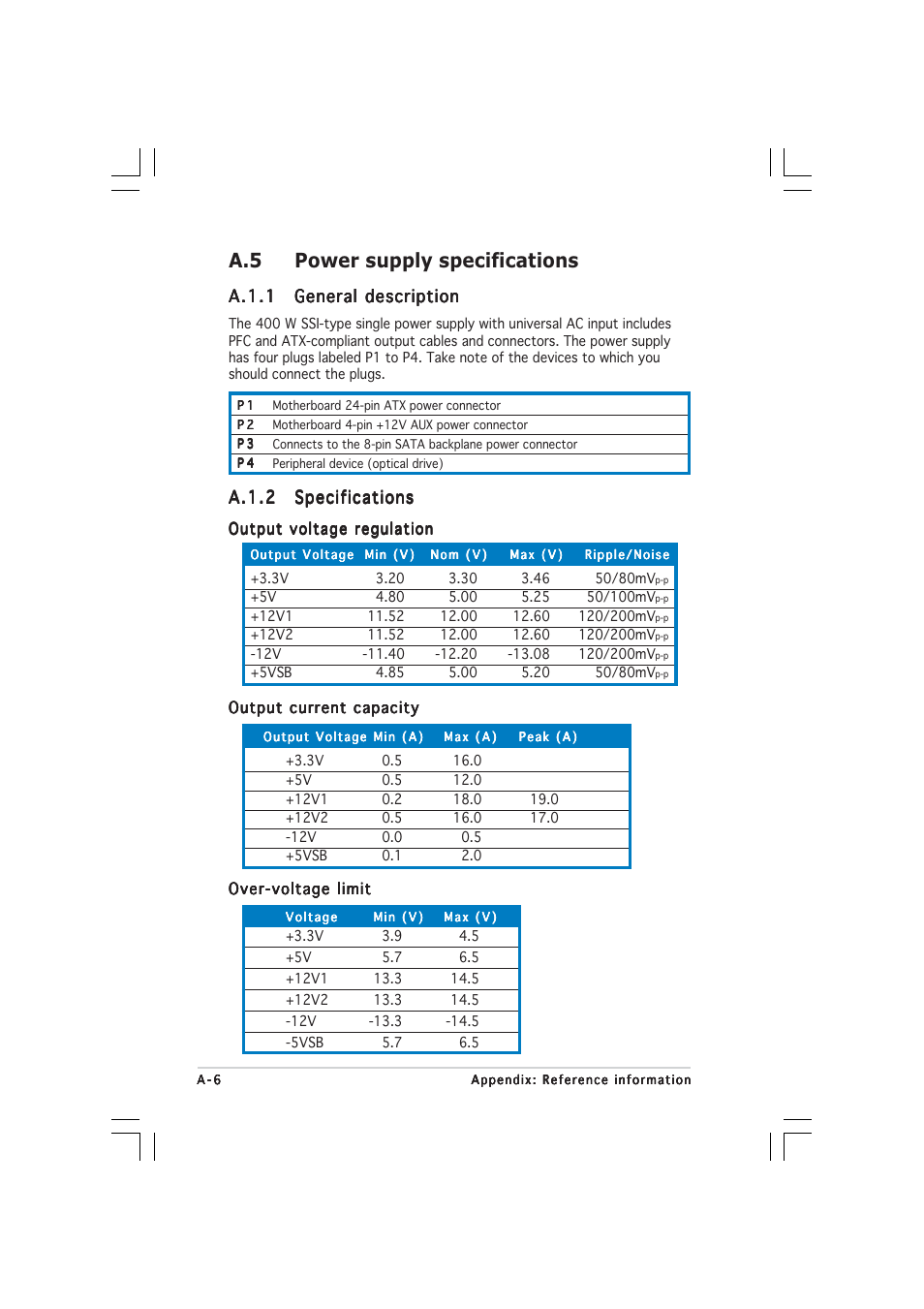 A.5 power supply specifications, A.1.1, A.1.2 | Asus 1U Rackmount Barebone Server RS120-E3 (PA4) User Manual | Page 172 / 172