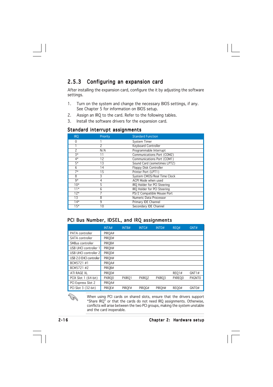 Standard interrupt assignments, Pci bus number, idsel, and irq assignments | Asus 1U Rackmount Barebone Server RS120-E3 (PA4) User Manual | Page 32 / 172