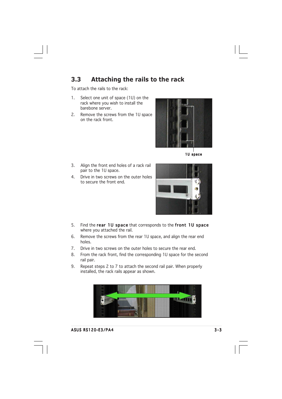 3 attaching the rails to the rack | Asus 1U Rackmount Barebone Server RS120-E3 (PA4) User Manual | Page 47 / 172