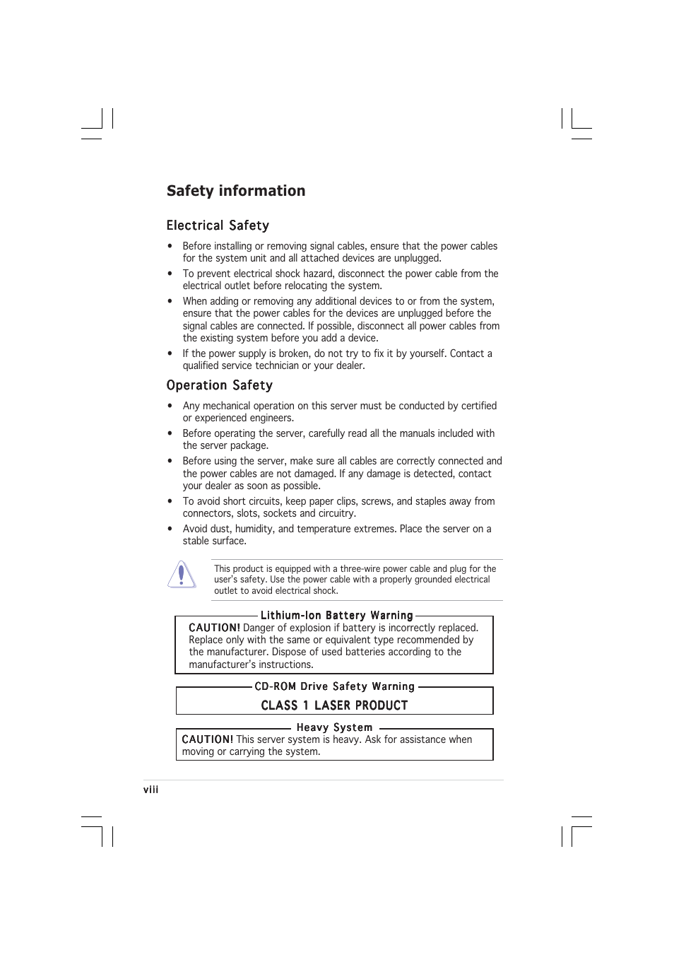 Safety information | Asus 1U Rackmount Barebone Server RS120-E3 (PA4) User Manual | Page 8 / 172