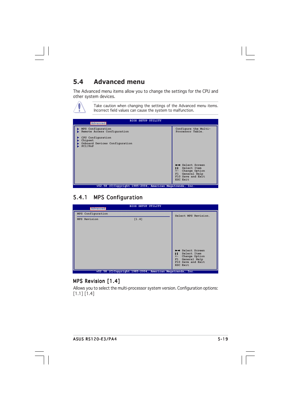 4 advanced menu, Mps revision [1.4 | Asus 1U Rackmount Barebone Server RS120-E3 (PA4) User Manual | Page 85 / 172