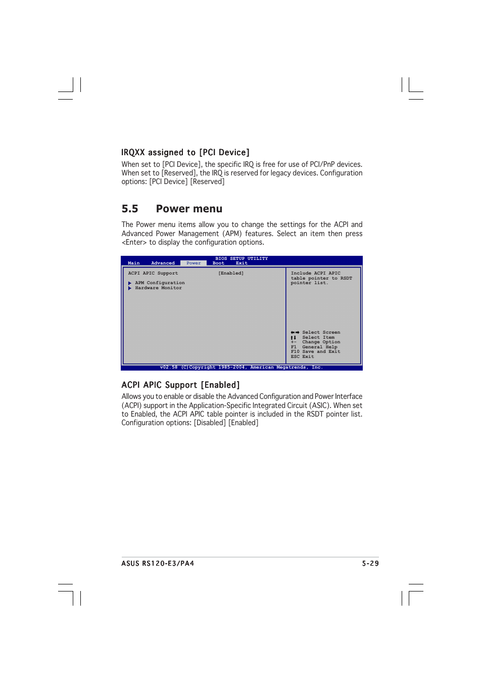 5 power menu, Irqxx assigned to [pci device, Acpi apic support [enabled | Asus 1U Rackmount Barebone Server RS120-E3 (PA4) User Manual | Page 95 / 172