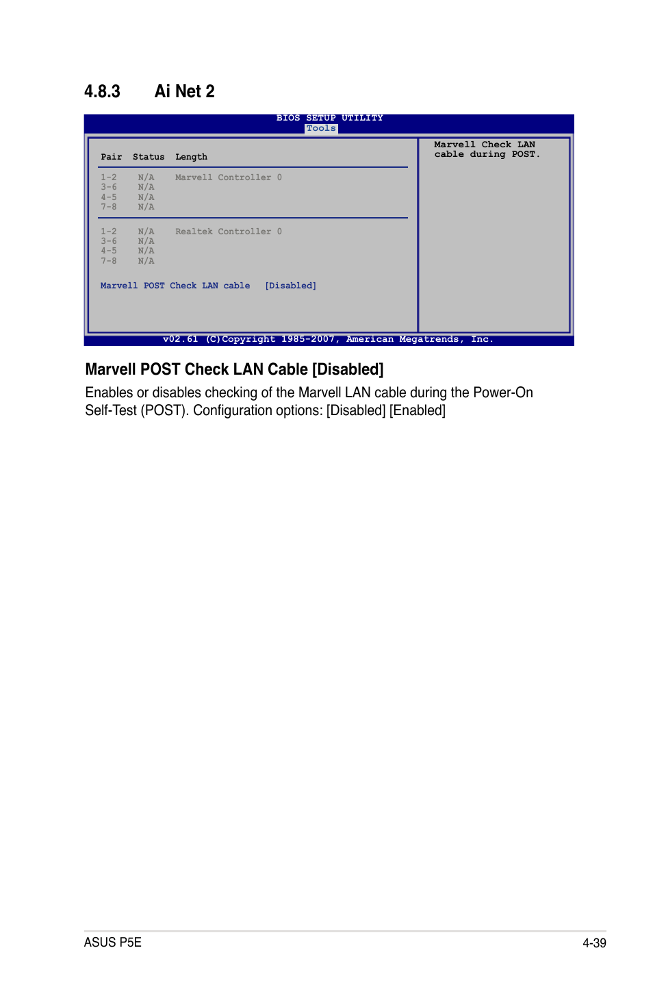 3 ai net 2, Marvell post check lan cable [disabled | Asus P5E User Manual | Page 105 / 176