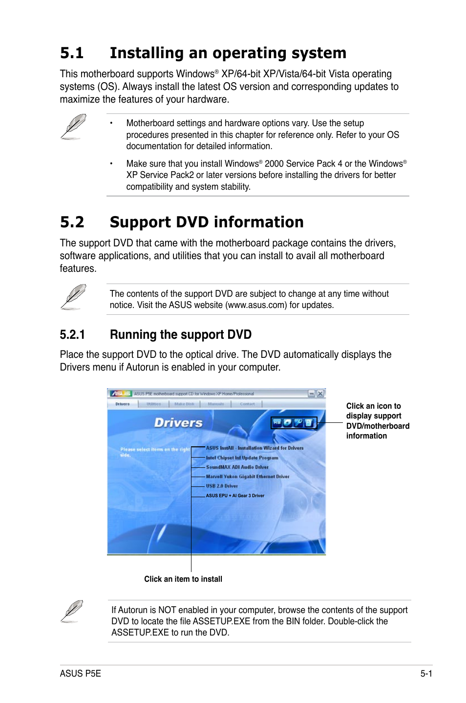 1 installing an operating system, 2 support dvd information, 1 running the support dvd | Asus P5E User Manual | Page 109 / 176