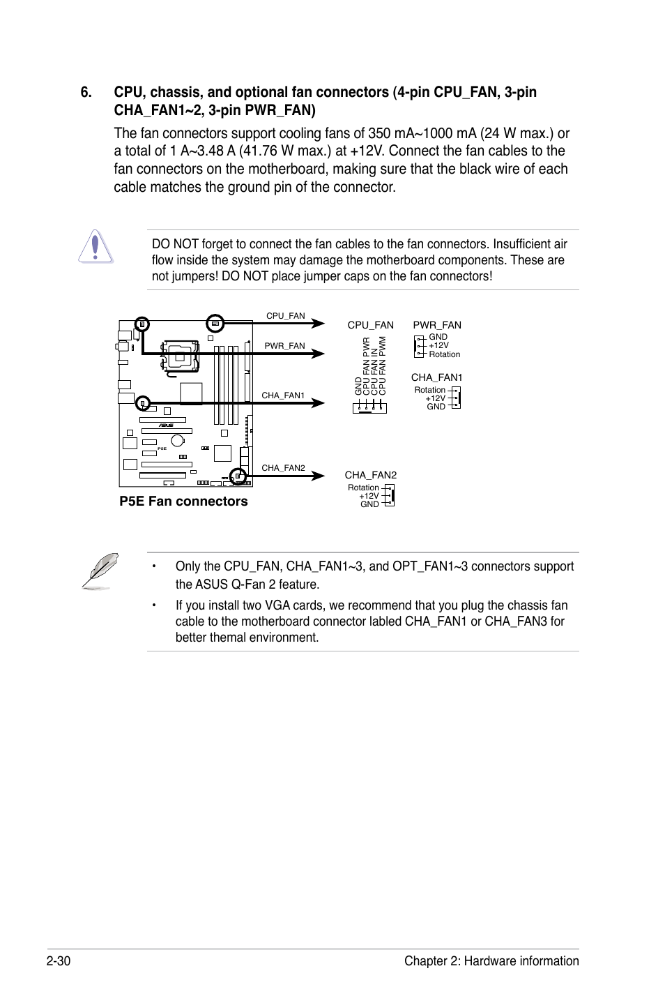 30 chapter 2: hardware information, P5e fan connectors | Asus P5E User Manual | Page 56 / 176