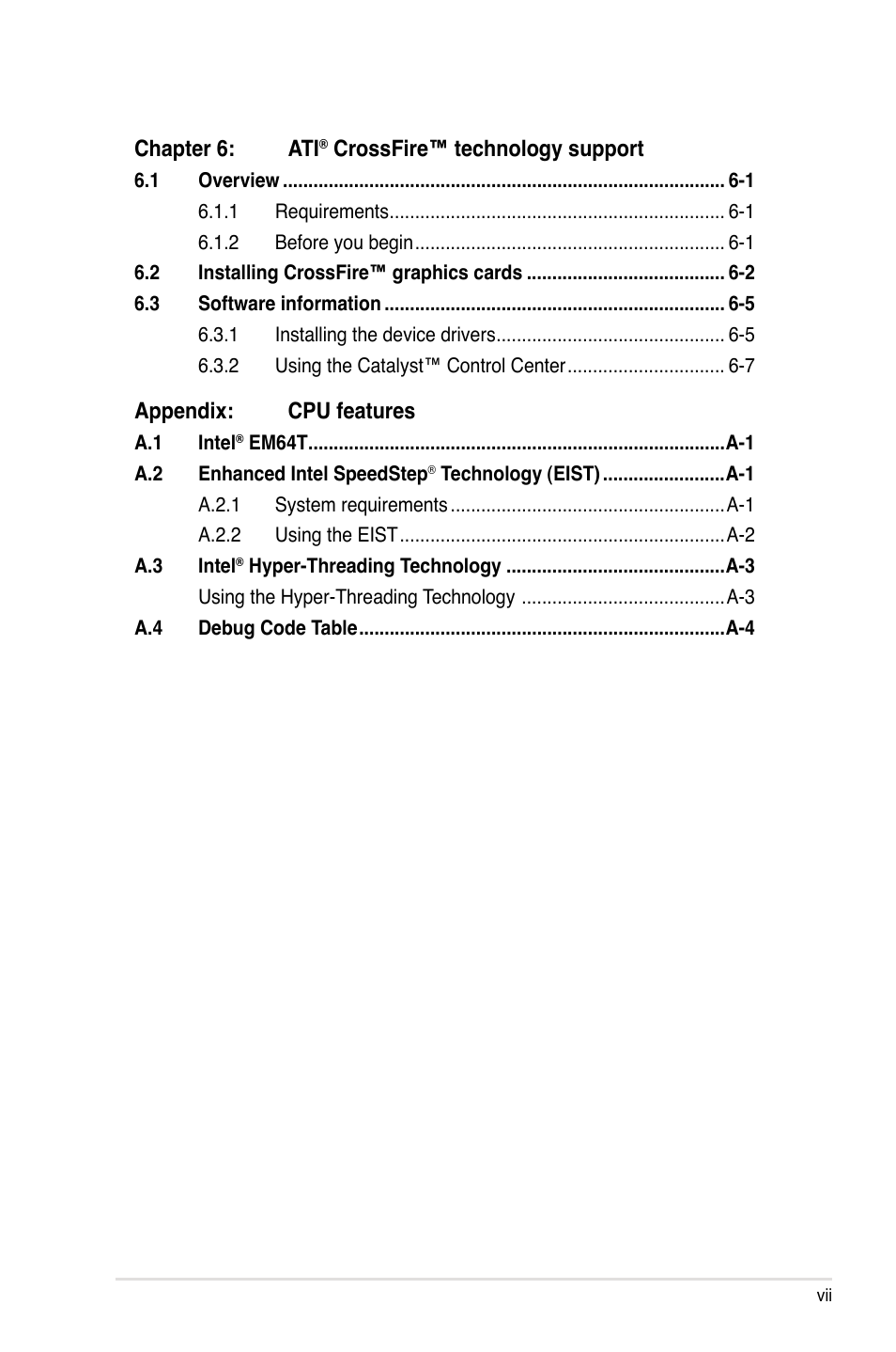 Chapter 6: ati, Crossfire™ technology support, Appendix: cpu features | Asus P5E User Manual | Page 7 / 176