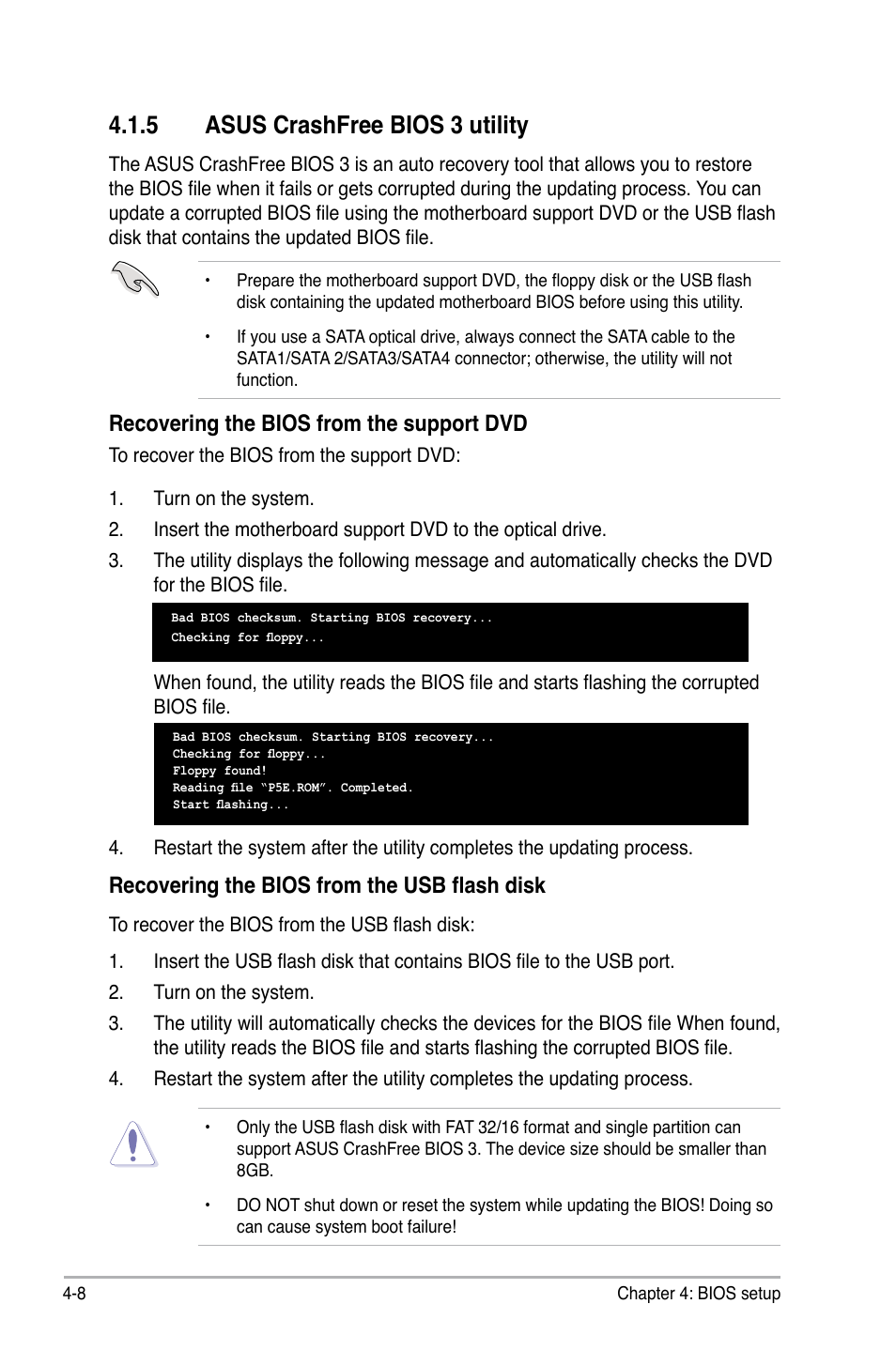 5 asus crashfree bios 3 utility, Recovering the bios from the support dvd, Recovering the bios from the usb flash disk | Asus P5E User Manual | Page 74 / 176