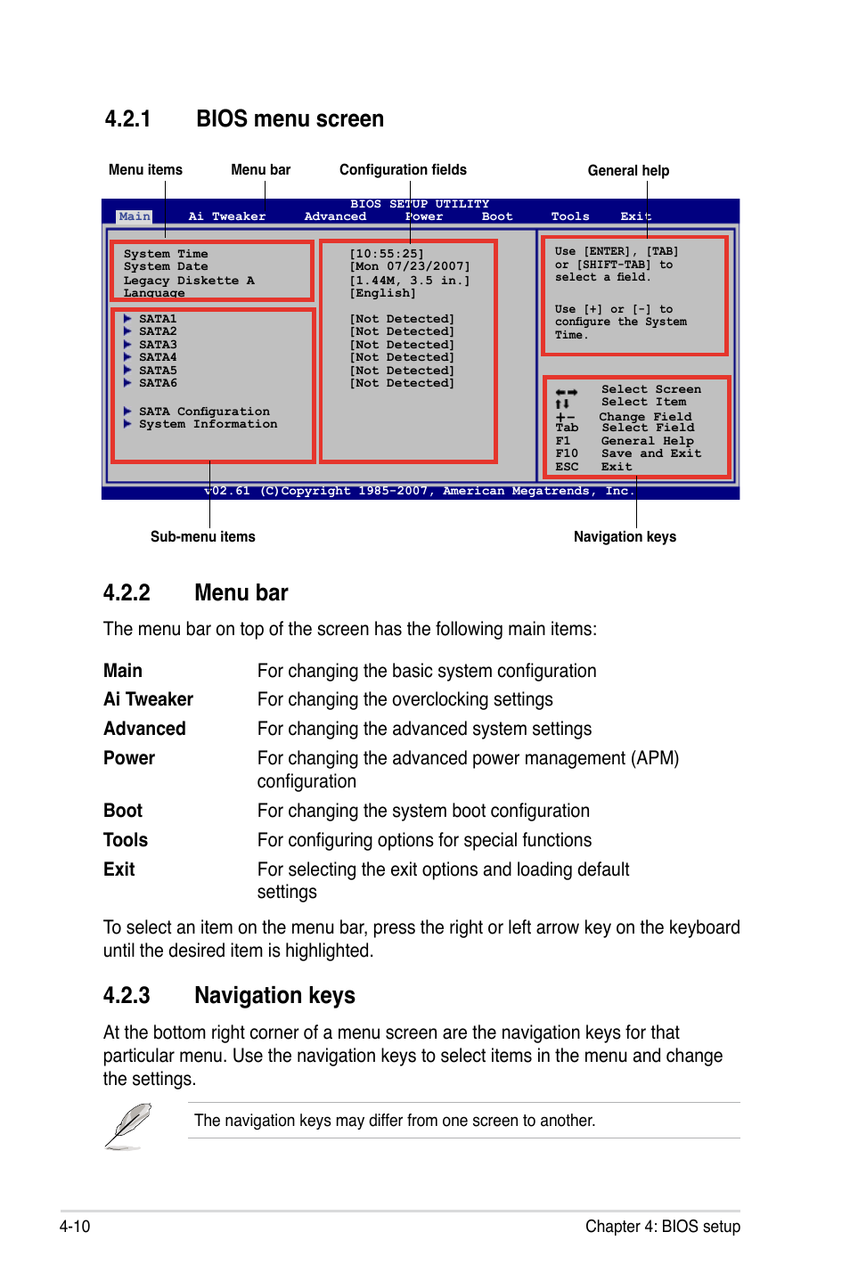 2 menu bar, 3 navigation keys, 1 bios menu screen | Asus P5E User Manual | Page 76 / 176