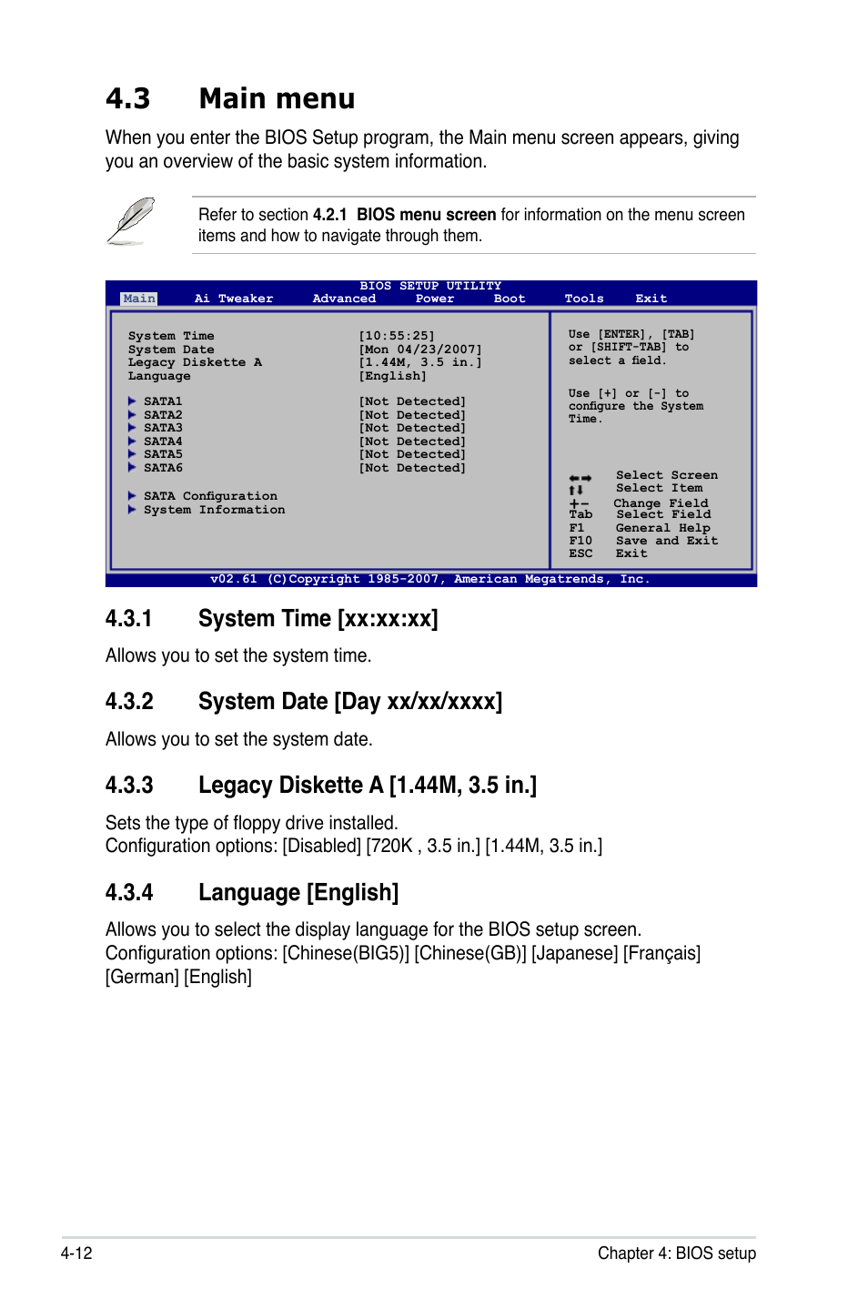 3 main menu, 1 system time [xx:xx:xx, 4 language [english | Allows you to set the system time, Allows you to set the system date | Asus P5E User Manual | Page 78 / 176