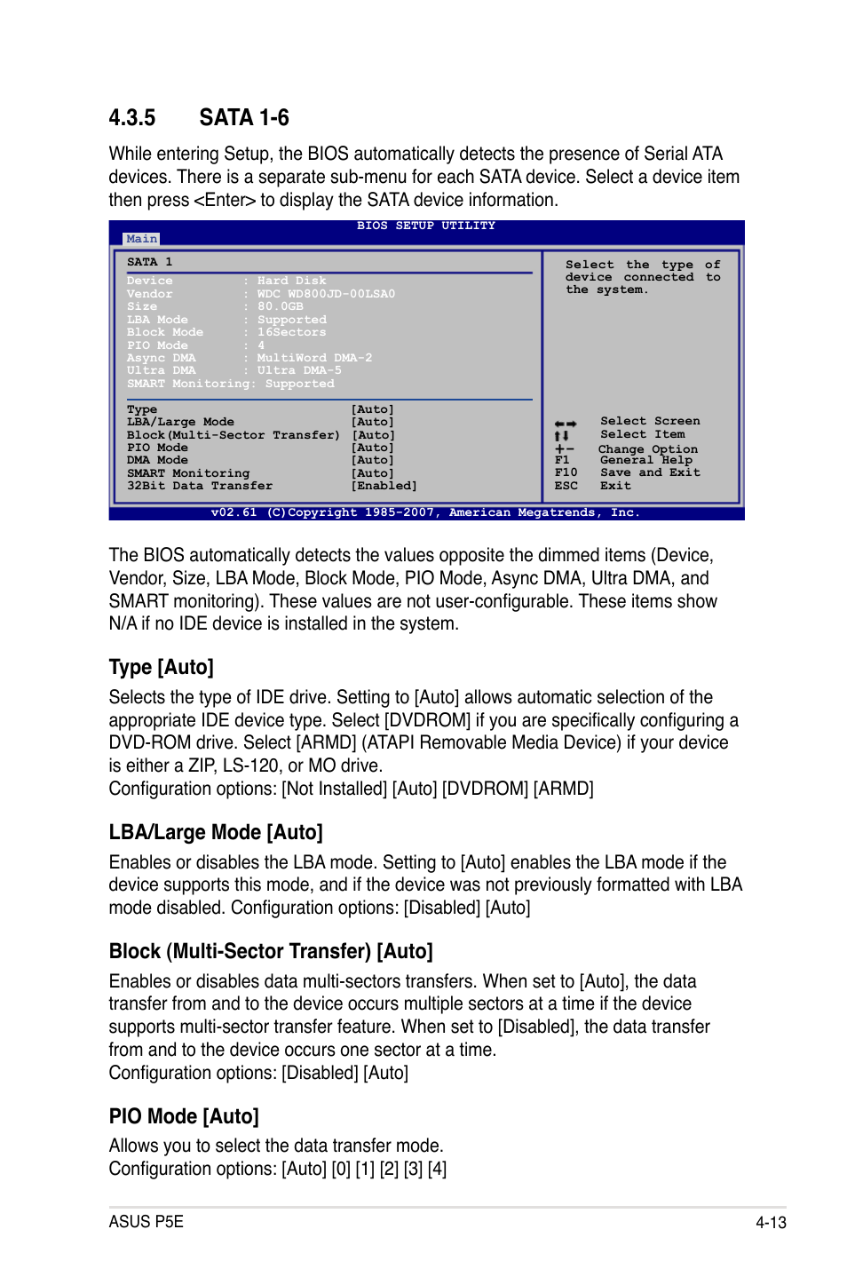 5 sata 1-6, Type [auto, Lba/large mode [auto | Block (multi-sector transfer) [auto, Pio mode [auto | Asus P5E User Manual | Page 79 / 176