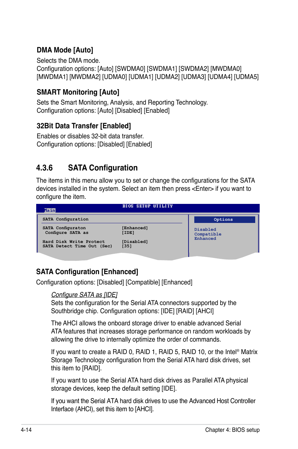 6 sata configuration, Dma mode [auto, Smart monitoring [auto | 32bit data transfer [enabled, Sata configuration [enhanced | Asus P5E User Manual | Page 80 / 176