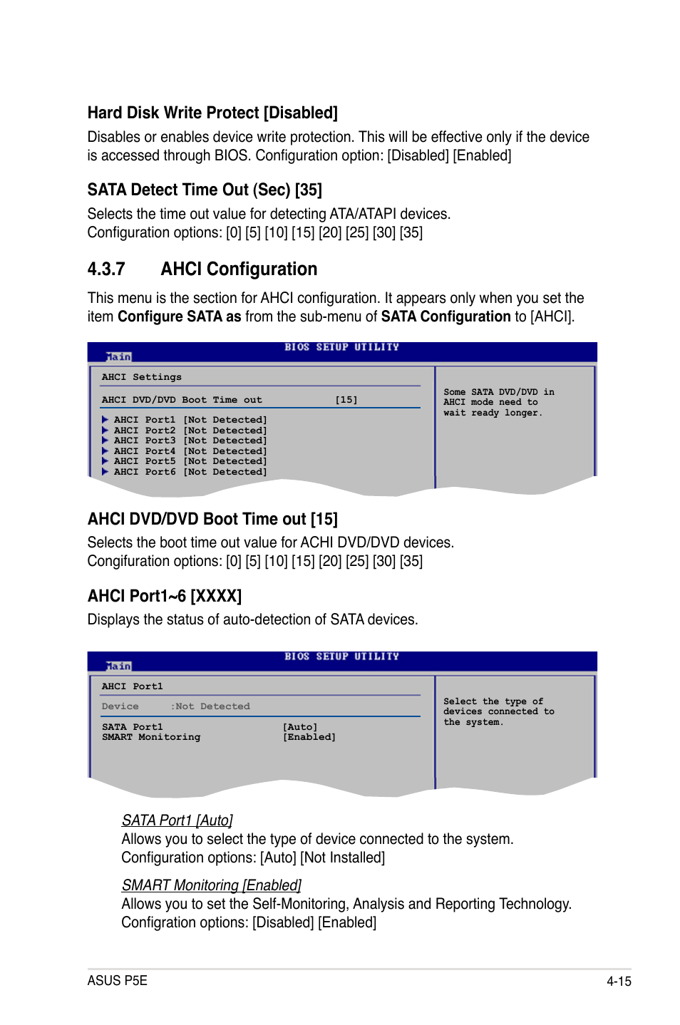 7 ahci configuration, Hard disk write protect [disabled, Sata detect time out (sec) [35 | Ahci dvd/dvd boot time out [15 | Asus P5E User Manual | Page 81 / 176