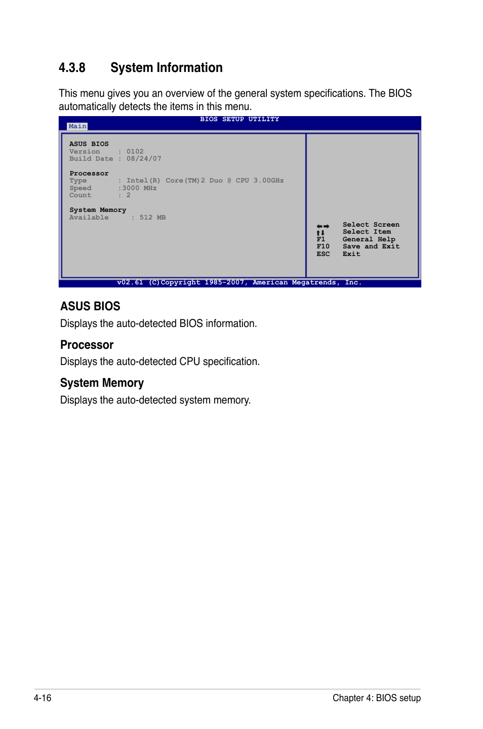 8 system information, Asus bios, Processor | Displays the auto-detected bios information, Displays the auto-detected cpu specification | Asus P5E User Manual | Page 82 / 176