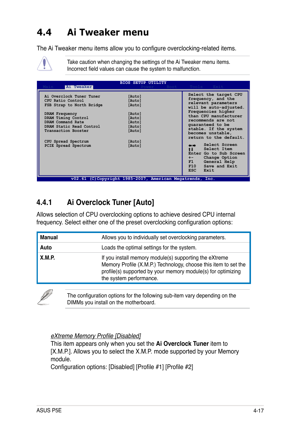 4 ai tweaker menu, 1 ai overclock tuner [auto | Asus P5E User Manual | Page 83 / 176