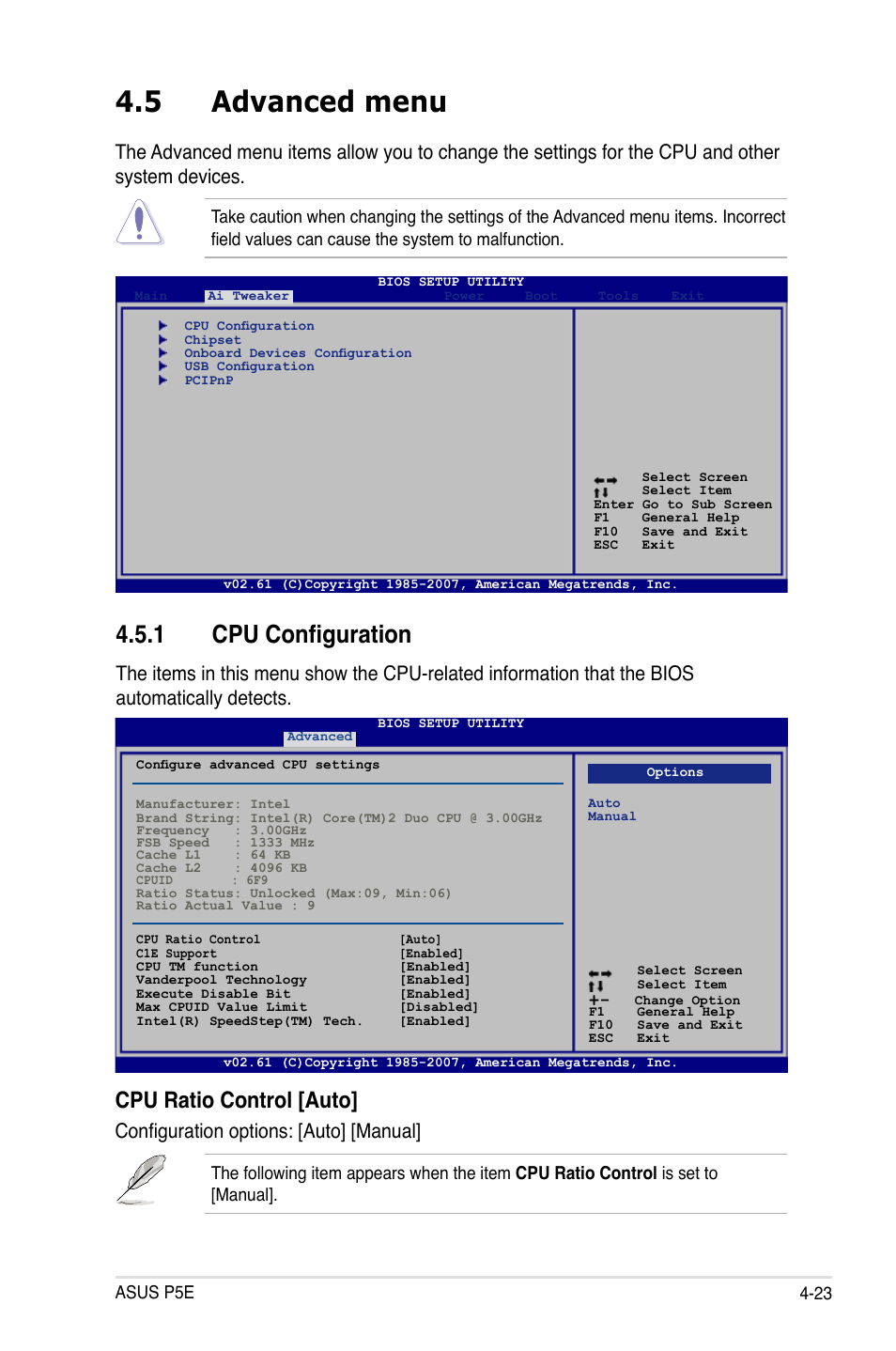 5 advanced menu, 1 cpu configuration, Cpu ratio control [auto | Configuration options: [auto] [manual | Asus P5E User Manual | Page 89 / 176