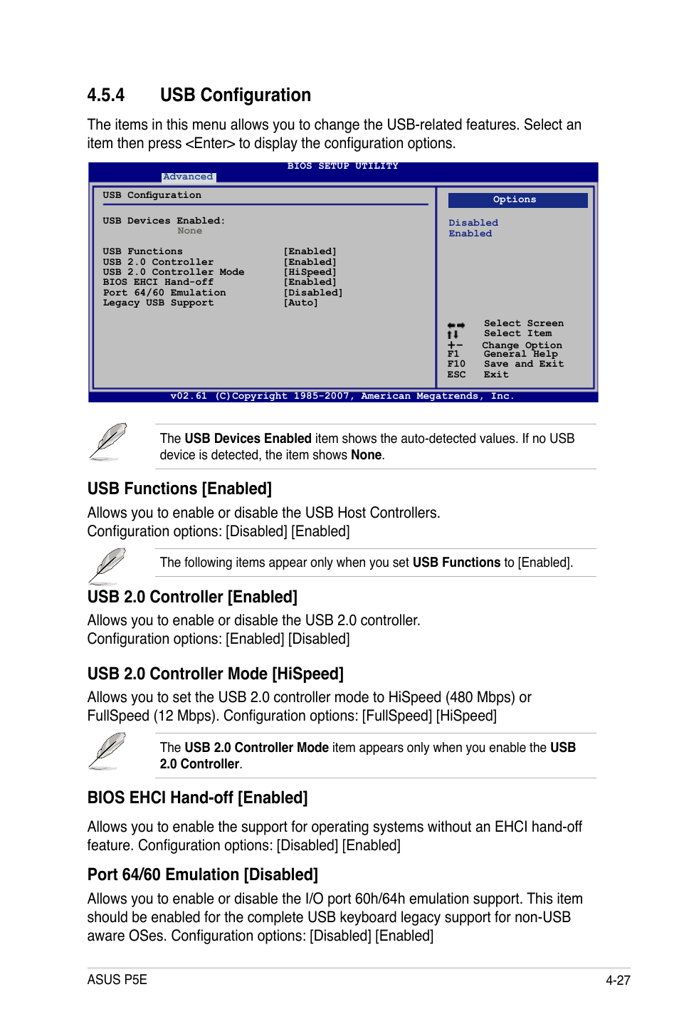 4 usb configuration, Usb functions [enabled, Usb 2.0 controller [enabled | Usb 2.0 controller mode [hispeed, Bios ehci hand-off [enabled, Port 64/60 emulation [disabled | Asus P5E User Manual | Page 93 / 176