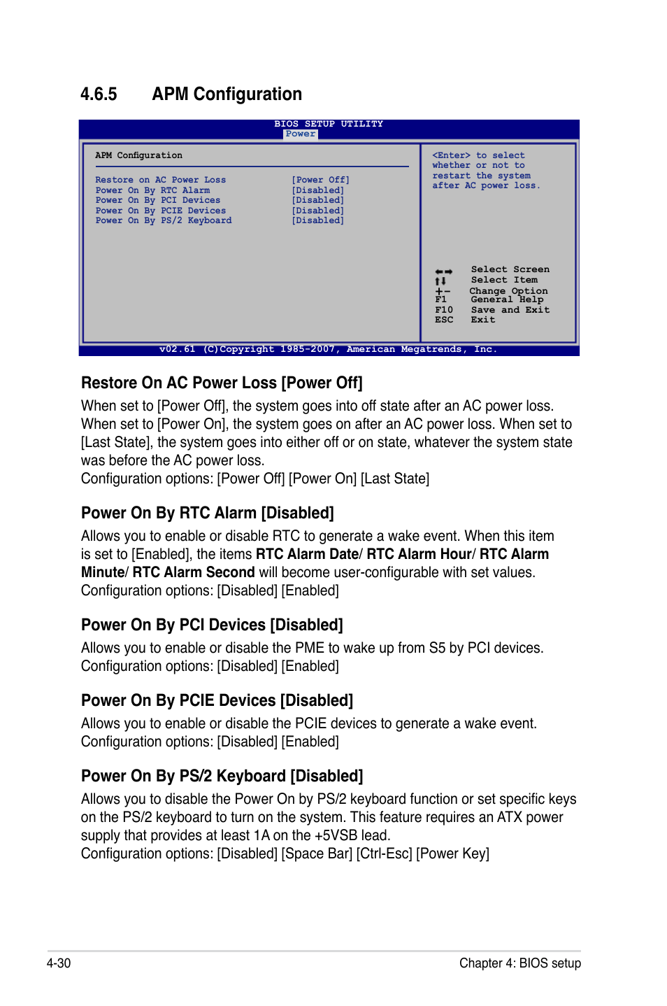 5 apm configuration, Restore on ac power loss [power off, Power on by rtc alarm [disabled | Power on by pci devices [disabled, Power on by pcie devices [disabled, Power on by ps/2 keyboard [disabled | Asus P5E User Manual | Page 96 / 176