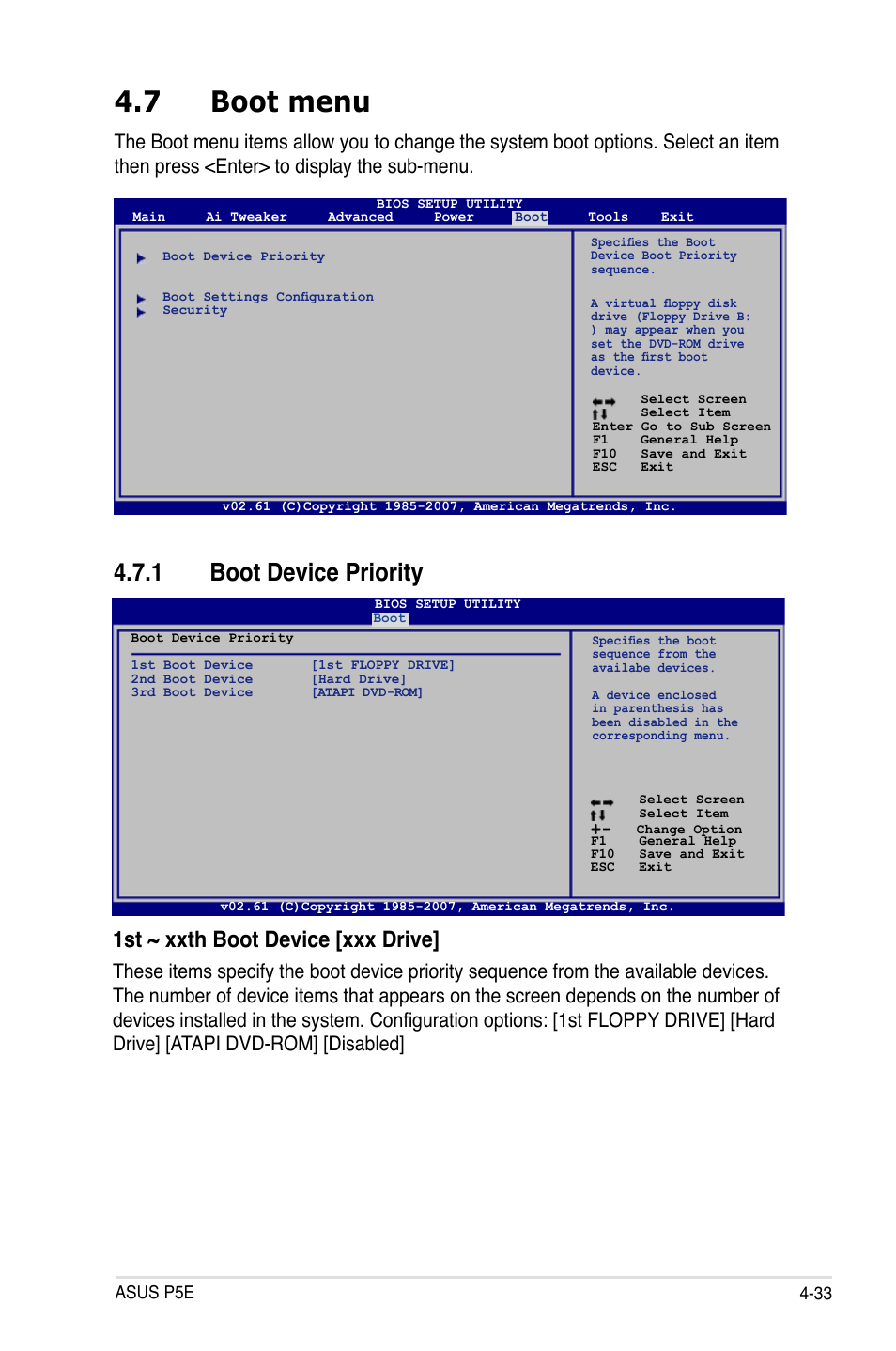 7 boot menu, 1 boot device priority, 1st ~ xxth boot device [xxx drive | Asus P5E User Manual | Page 99 / 176