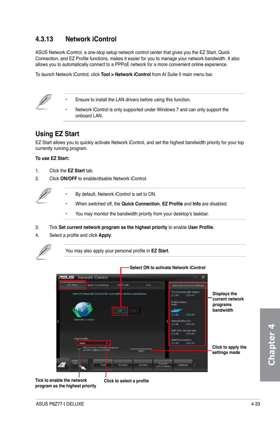 13 network icontrol, Network icontrol -33, Chapter 4 | Using ez start | Asus DELUXE P8Z77-I User Manual | Page 139 / 180