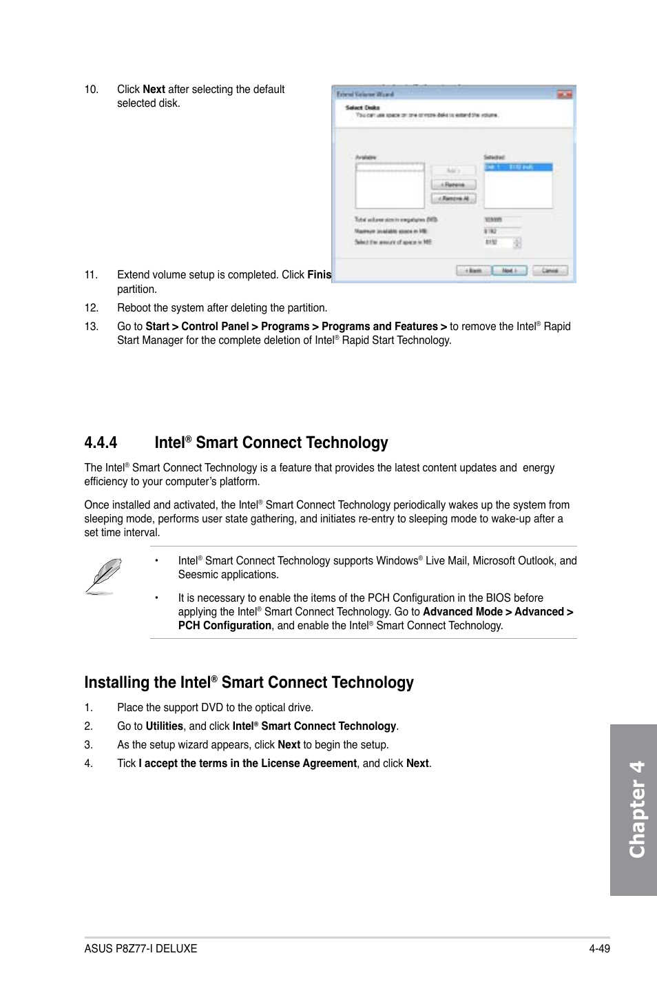 4 intel® smart connect technology, Intel, Smart connect technology -49 | Chapter 4, 4 intel, Smart connect technology, Installing the intel | Asus DELUXE P8Z77-I User Manual | Page 155 / 180