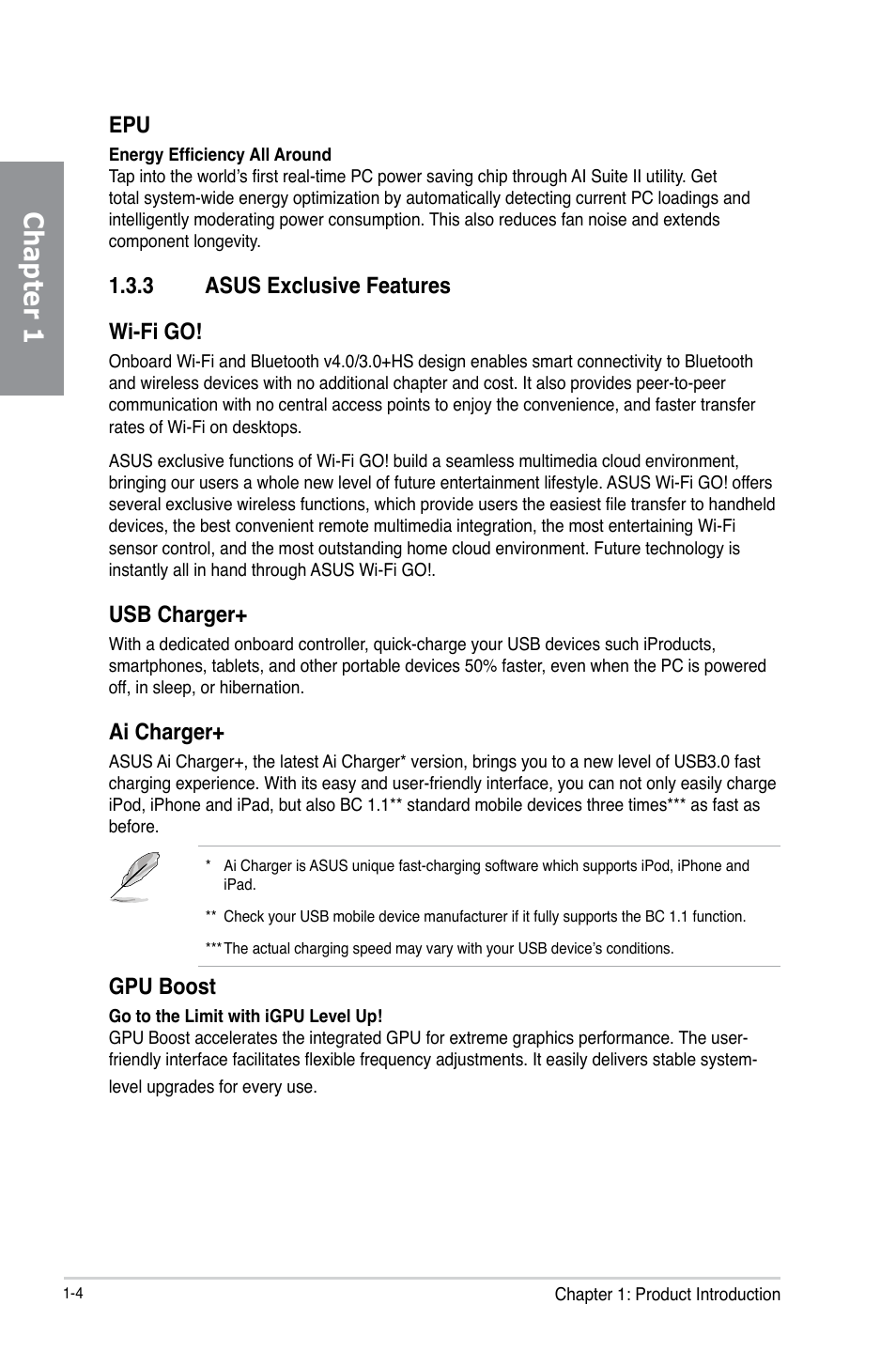 3 asus exclusive features, Asus exclusive features -4, Chapter 1 | 3 asus exclusive features wi-fi go, Usb charger, Ai charger, Gpu boost | Asus DELUXE P8Z77-I User Manual | Page 16 / 180