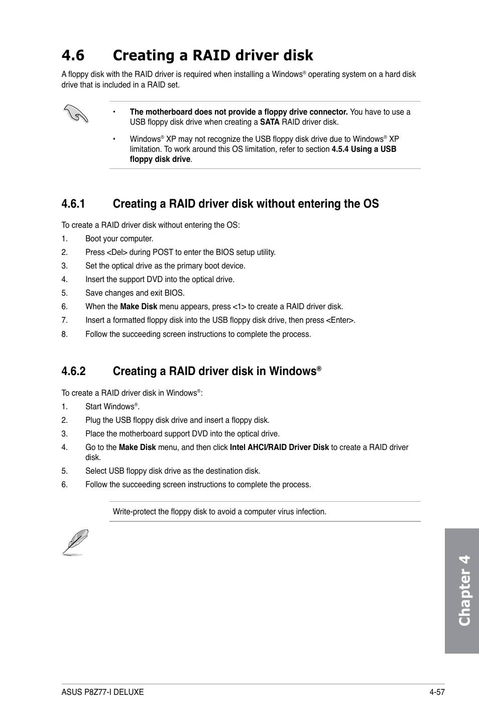 6 creating a raid driver disk, 2 creating a raid driver disk in windows, Creating a raid driver disk -57 4.6.1 | Creating a raid driver disk in windows, Chapter 4 4.6 creating a raid driver disk | Asus DELUXE P8Z77-I User Manual | Page 163 / 180