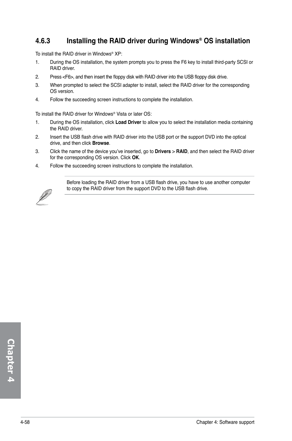 Installing the raid driver during windows, Os installation -58, Chapter 4 | 3 installing the raid driver during windows, Os installation | Asus DELUXE P8Z77-I User Manual | Page 164 / 180