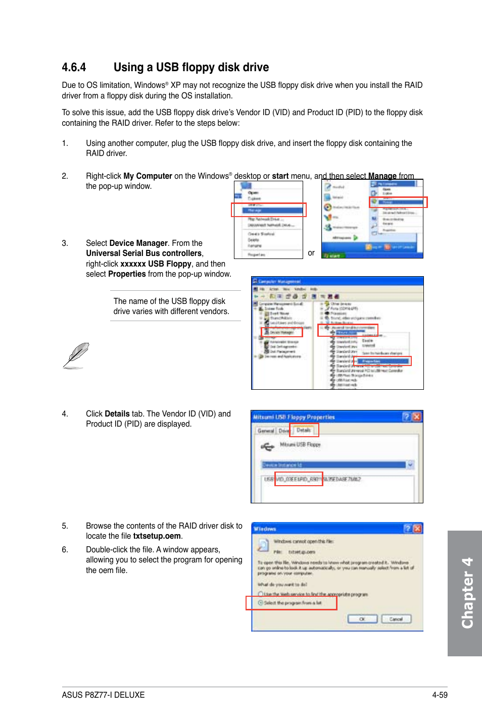 4 using a usb floppy disk drive, Using a usb floppy disk drive -59, Chapter 4 | Asus DELUXE P8Z77-I User Manual | Page 165 / 180