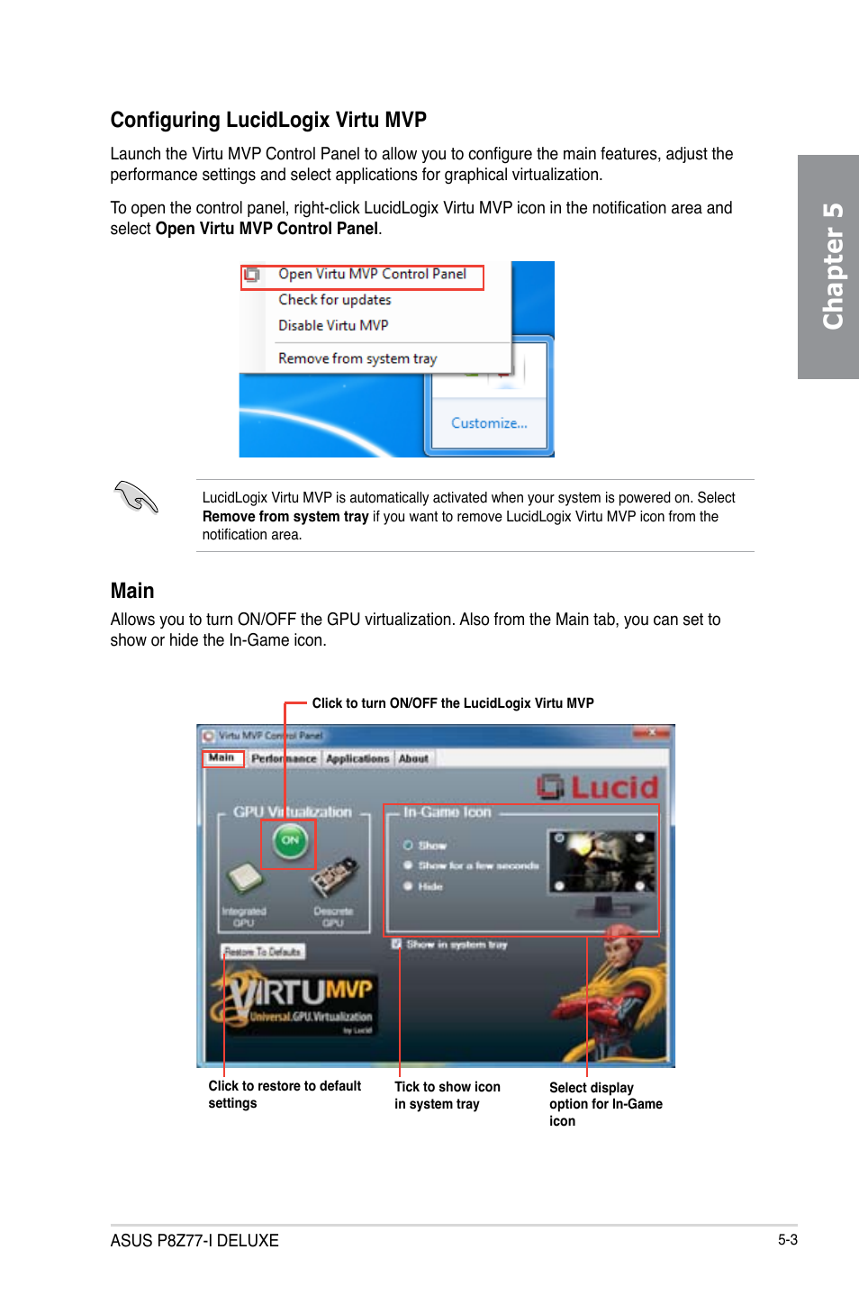 Configuring lucidlogix virtu mvp, Configuring lucidlogix virtu mvp -3, Chapter 5 | Main | Asus DELUXE P8Z77-I User Manual | Page 169 / 180