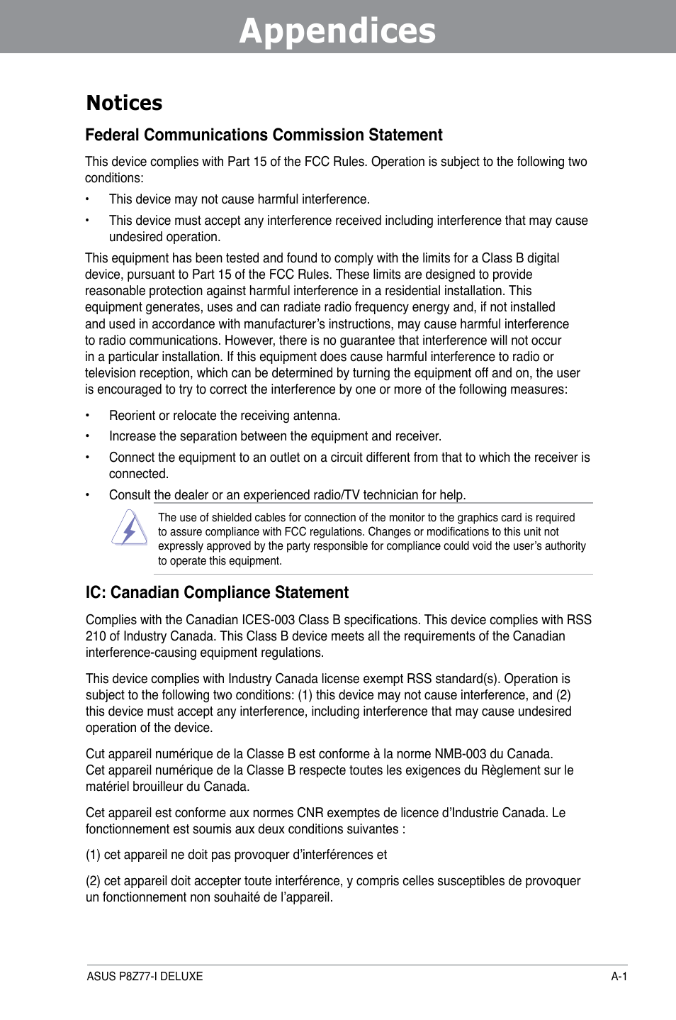 Notices, Appendices, Federal communications commission statement | Ic: canadian compliance statement | Asus DELUXE P8Z77-I User Manual | Page 173 / 180