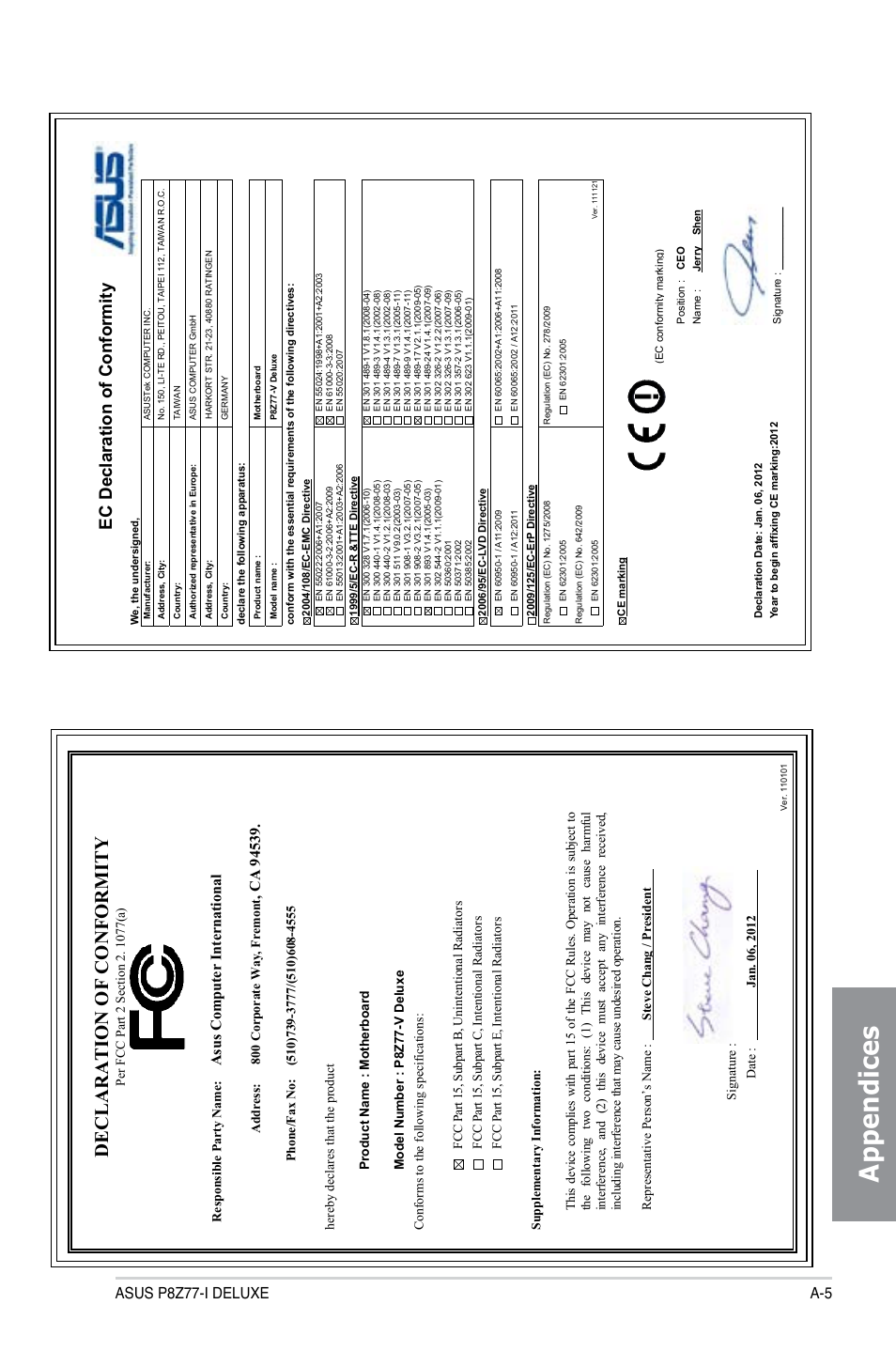 Appendices, Declaration of conformity, Ec declaration of conformity | Asus p8z77-i deluxe a-5, Asu s c om pu te r in te rn at io na l | Asus DELUXE P8Z77-I User Manual | Page 177 / 180