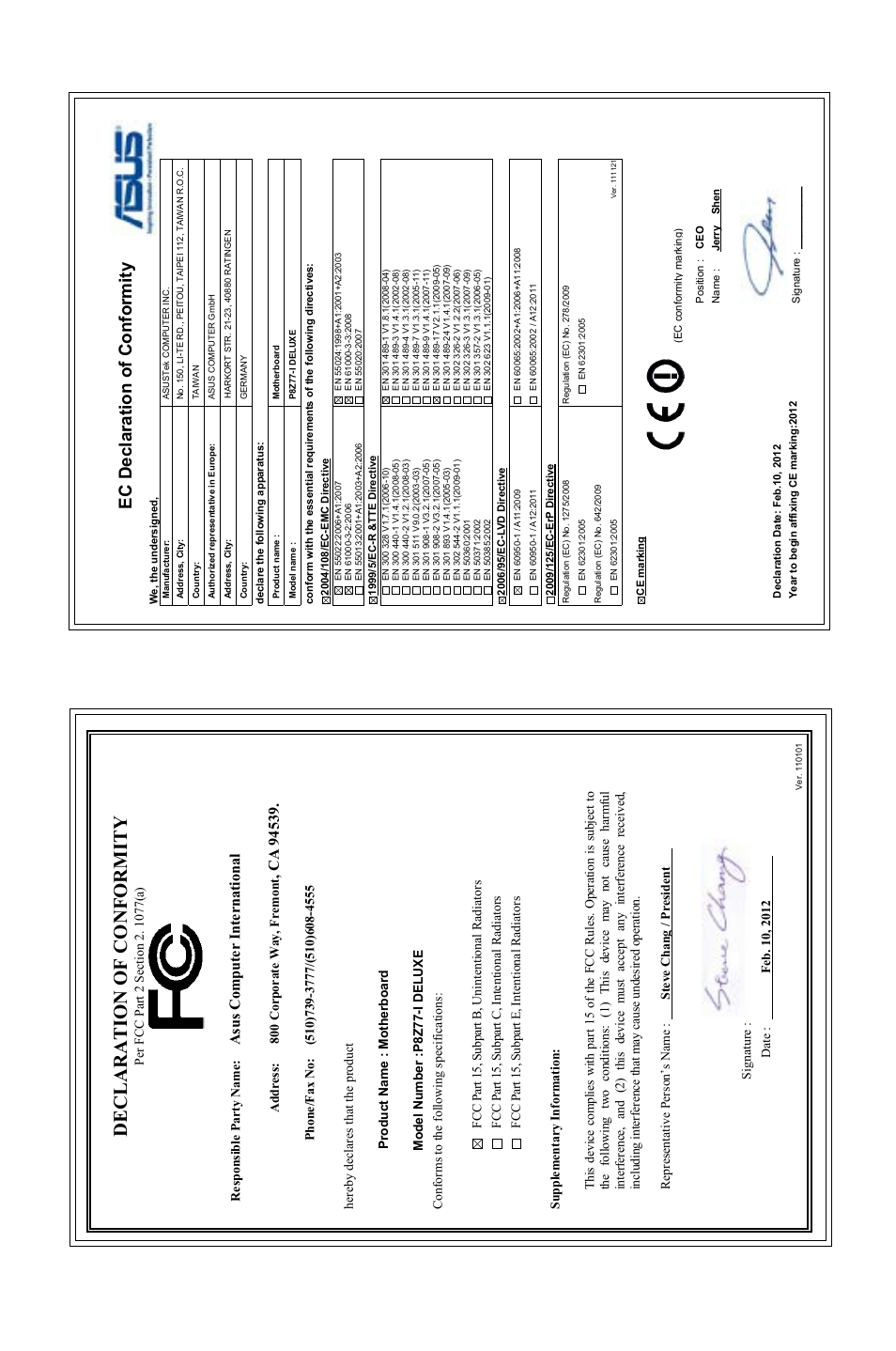 Declaration of conformity, Ec declaration of conformity, Asu s c om pu te r in te rn at io na l | Asus DELUXE P8Z77-I User Manual | Page 180 / 180