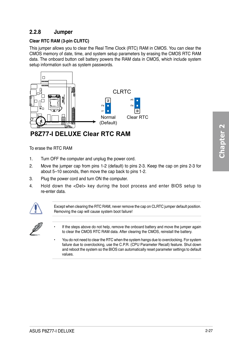 8 jumper, Jumper -27, Chapter 2 | P8z77-i deluxe clear rtc ram, Clrtc | Asus DELUXE P8Z77-I User Manual | Page 47 / 180