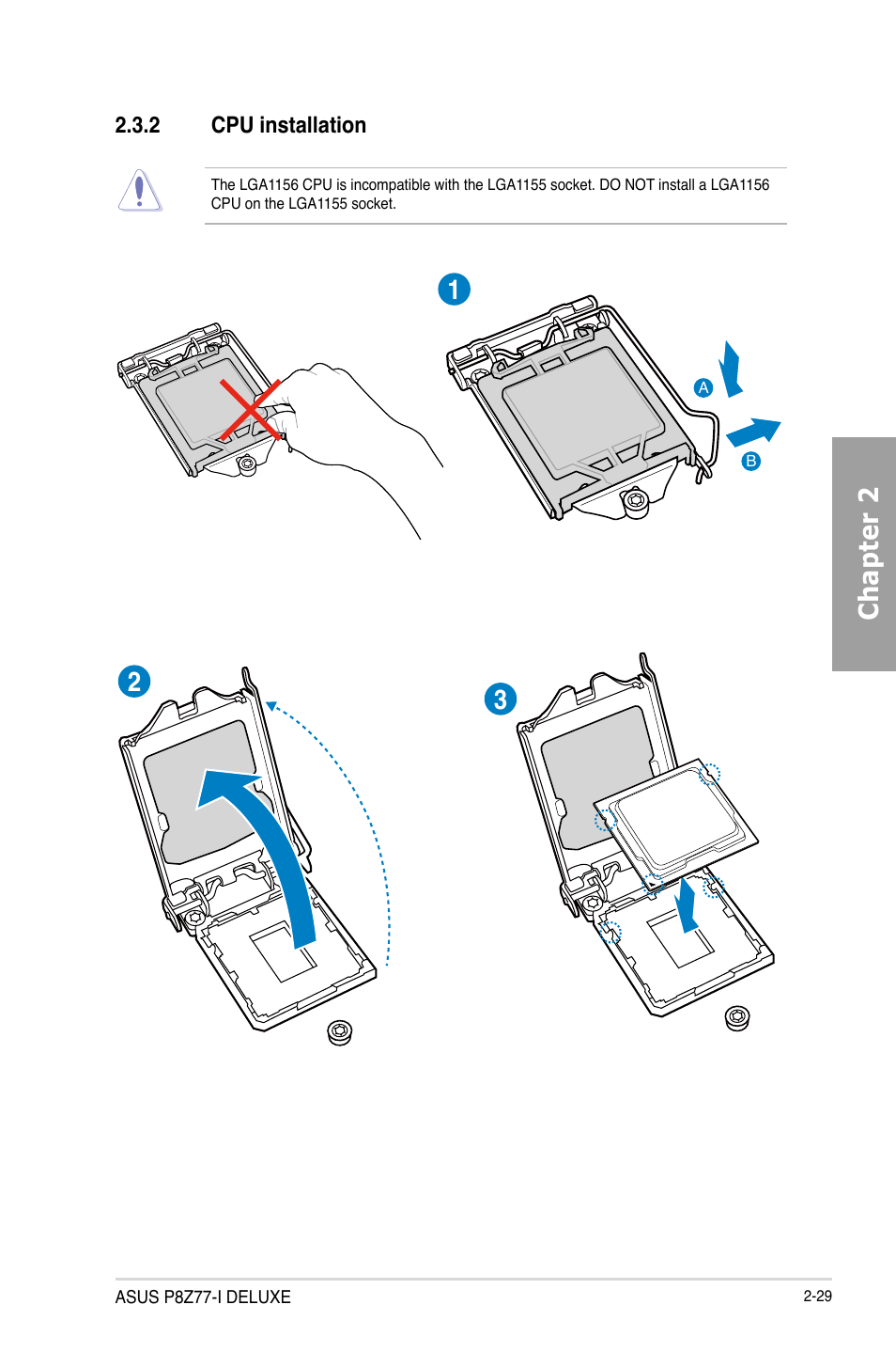 2 cpu installation, Cpu installation -29, Chapter 2 1 2 3 | Asus DELUXE P8Z77-I User Manual | Page 49 / 180