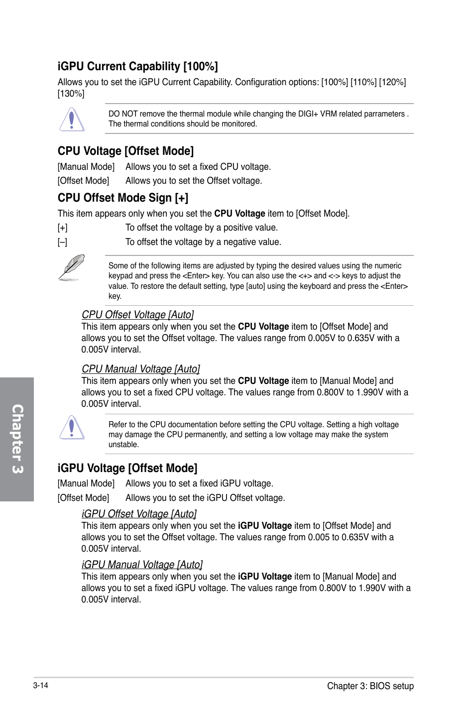 Chapter 3, Igpu current capability [100, Cpu voltage [offset mode | Cpu offset mode sign, Igpu voltage [offset mode | Asus DELUXE P8Z77-I User Manual | Page 80 / 180