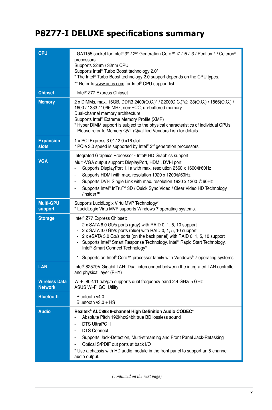 P8z77-i deluxe specifications summary | Asus DELUXE P8Z77-I User Manual | Page 9 / 180