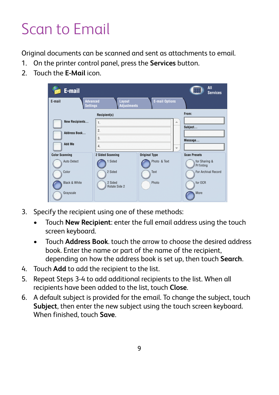 Scan to email, E-mail | Xerox WorkCentre 7425-7428-7435 avec built-in controller-12224 User Manual | Page 11 / 88